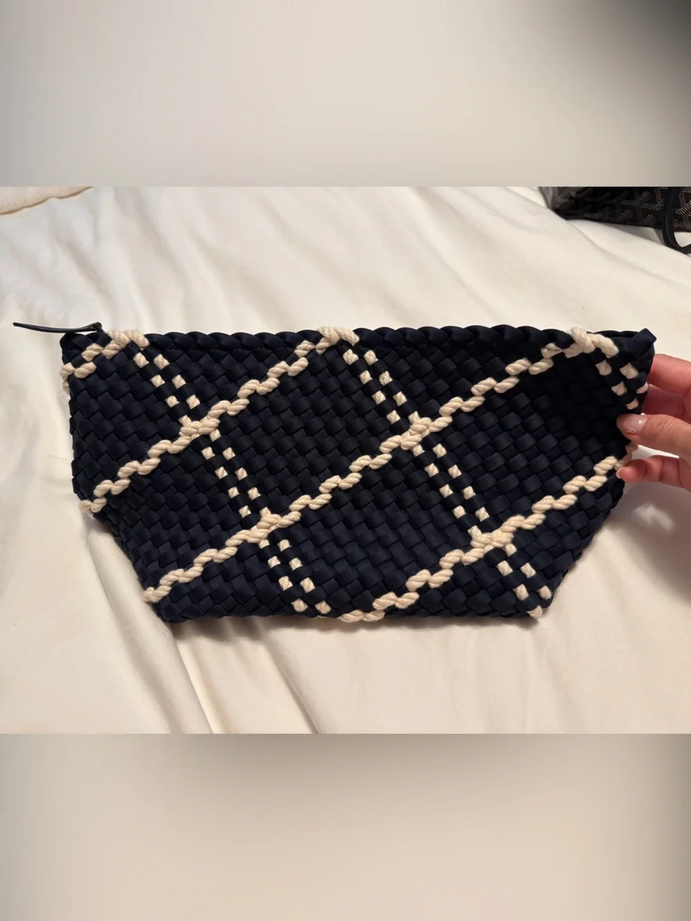 Naghedi Navy and Cream Woven Plaid Clutch